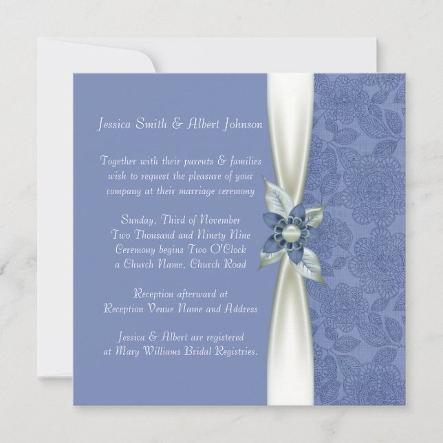 Luxury Blue Flower Ribbon Damask Wedding Invite (Front)