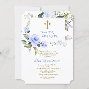 Luxury Blue Flowers Gold First Holy Communion Invitation