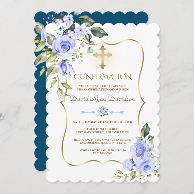 Luxury Blue Flowers Gold Frame Boy Confirmation Invitation (Front/Back)