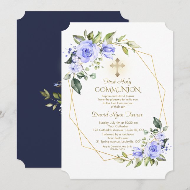 Luxury Blue Flowers Gold Frame Holy Communion Invitation (Front/Back)