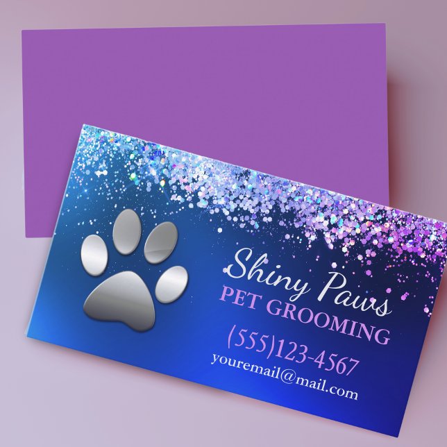 Luxury Blue Glitter Dog Paw Pet Grooming Service Business Card (Creator Uploaded)