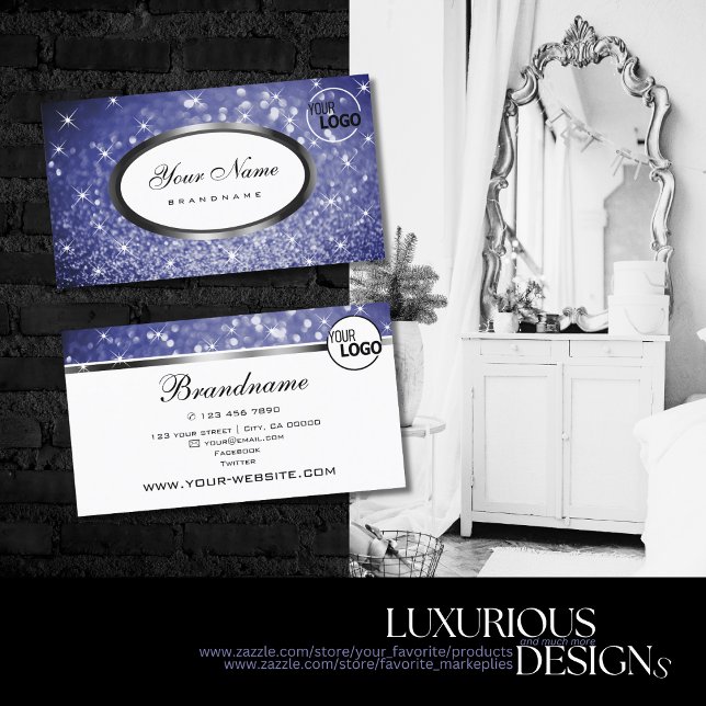 Luxury Blue Glitter Sparkle Shimmer Stars and Logo Business Card (Creator Uploaded)
