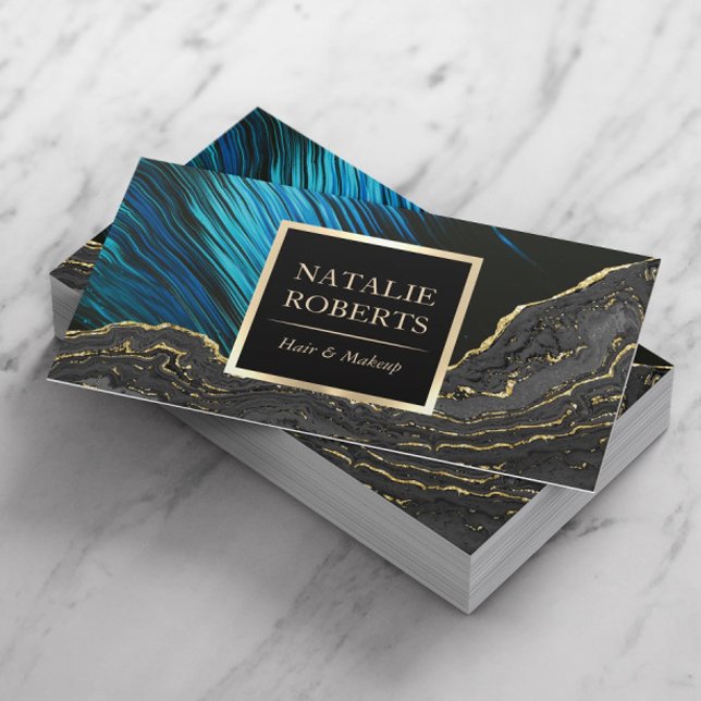 Luxury Blue & Gold Agate Beauty Salon & Spa Business Card (Creator Uploaded)