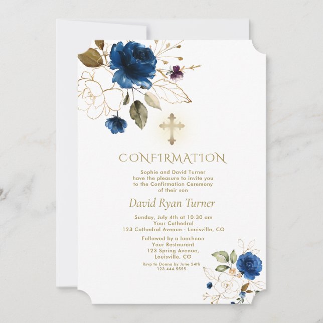 Luxury Blue Gold Floral Boy Confirmation Invitation (Front)