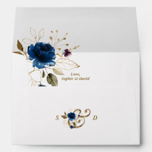 Luxury Blue Gold Floral Wedding Return Address Envelope