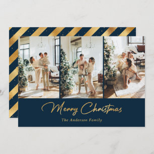 Luxury Blue Gold Foil Photo Merry Christmas Holiday Card