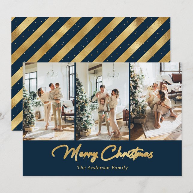Luxury Blue Gold Foil Photo Merry Christmas Holiday Card (Front/Back)