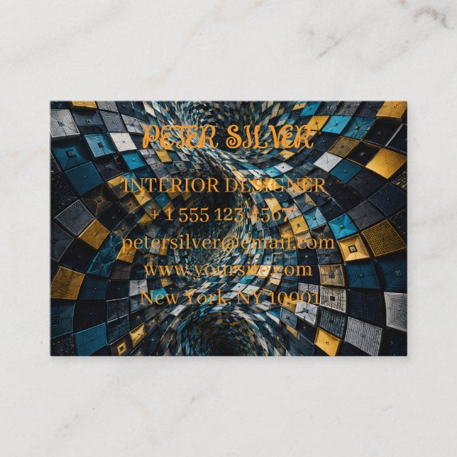 Luxury Blue Gold Geometric Vortex Business Card (Front)