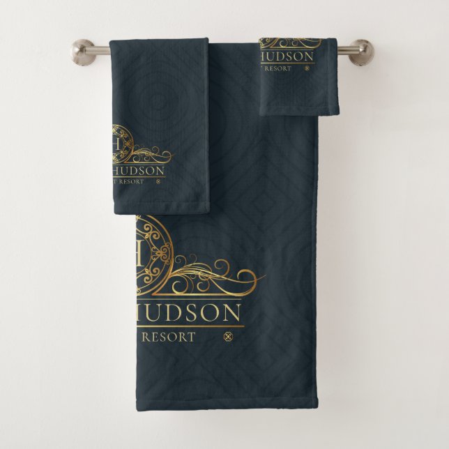Luxury Blue Gold Hotel Monogrammed Bath Towel Set (Insitu)