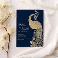 Luxury blue gold royal peacock Save the Date