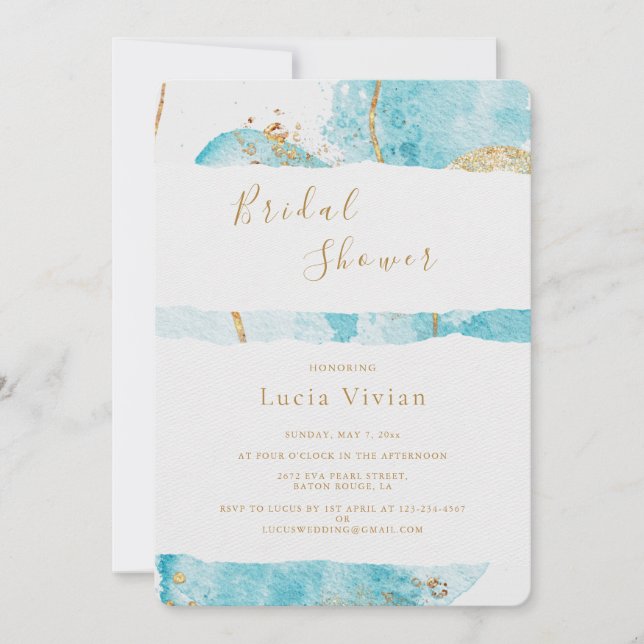 Luxury Blue Gold Watercolor Abstract Bridal Shower Invitation (Front)