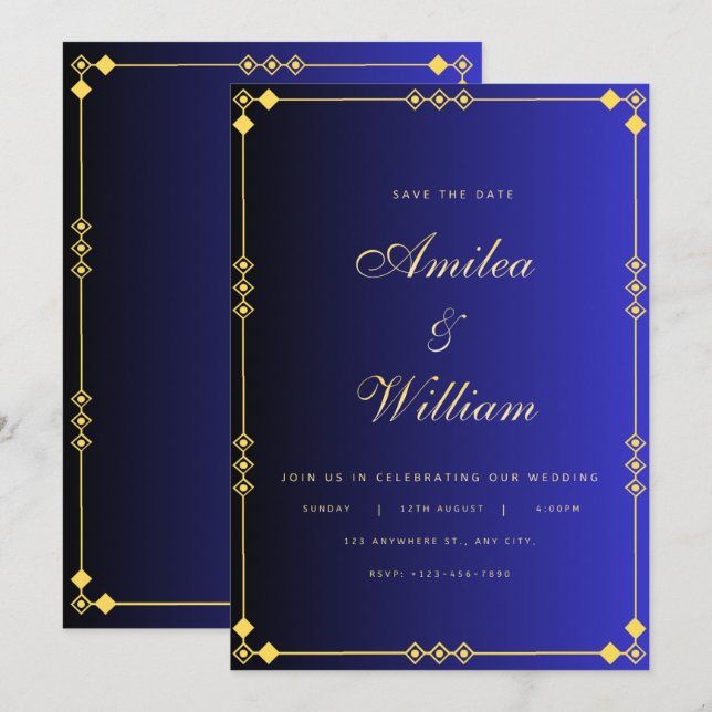 Luxury Blue & Gold Wedding Invitation – Elegant Ar (Front/Back)