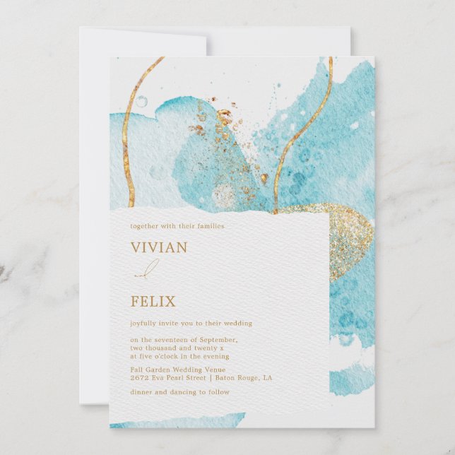 Luxury Blue & Golden Watercolor Abstract Wedding Invitation (Front)
