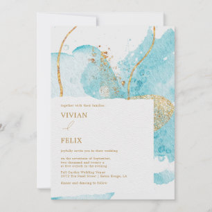 Luxury Blue & Golden Watercolor Abstract Wedding Invitation