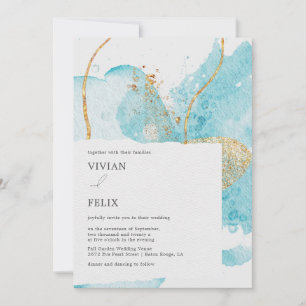 Luxury Blue & Golden Watercolor Abstract Wedding Invitation