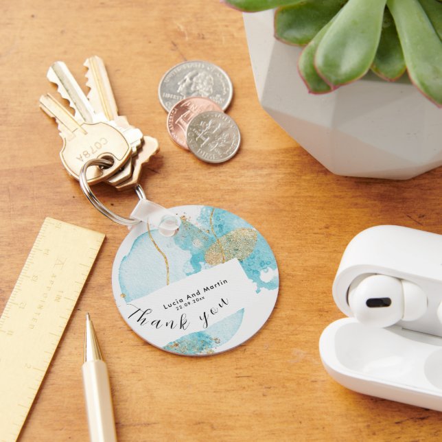 Luxury Blue & Golden Watercolor Thank You Wedding Key Ring (Desk)