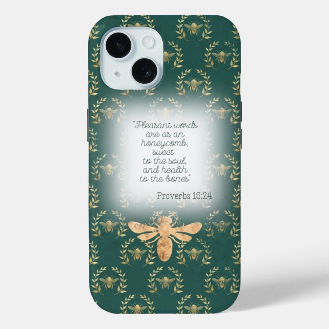 Luxury Blue Green Gold Bee Wreath Grid Christian  Case-Mate iPhone Case (Back)