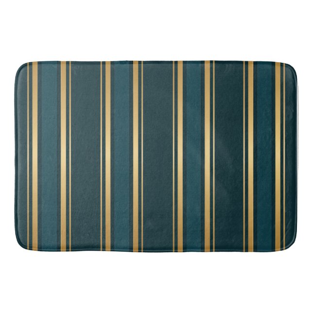 Luxury Blue Green Gold Stripe Gift Wrap Pattern Bath Mat (Front)