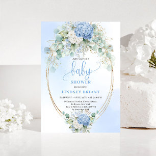 Luxury Blue Hydrangea Baby Shower Gold Invitation
