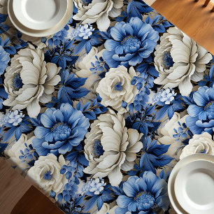 Luxury Blue Ivory Floral Elegant Dining Tablecloth