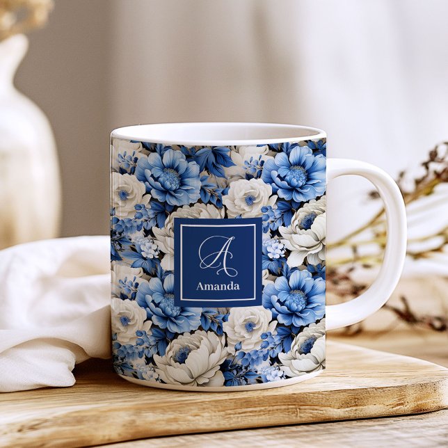 Luxury Blue Ivory Flowers Personalised Coffee Mug (Luxury Blue Ivory Flowers Personalized Coffee Mug)
