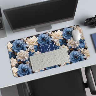 Luxury Blue Ivory Flowers Personalised Desk Mat