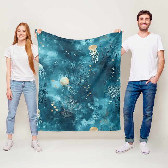 Luxury Blue Jellyfish Coral Ocean Pattern Fleece Blanket (In Situ)
