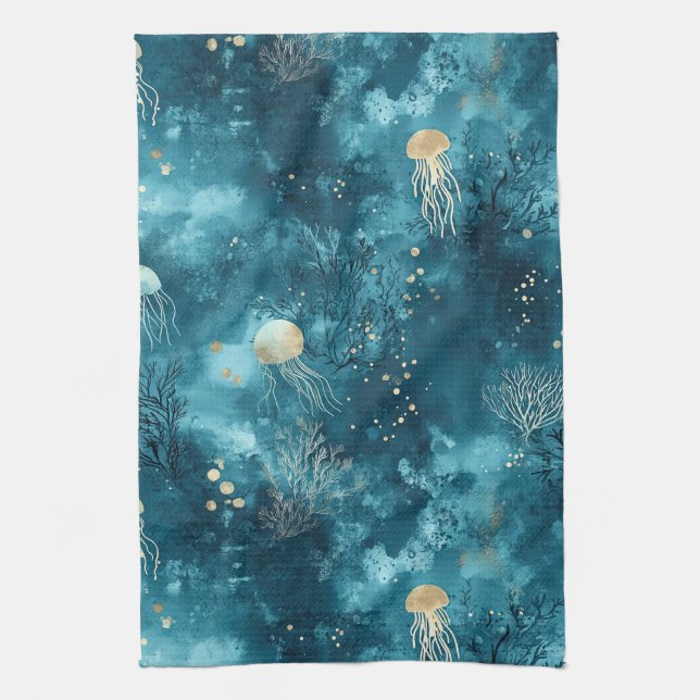 Luxury Blue Jellyfish Coral Ocean Pattern Tea Towel (Vertical)