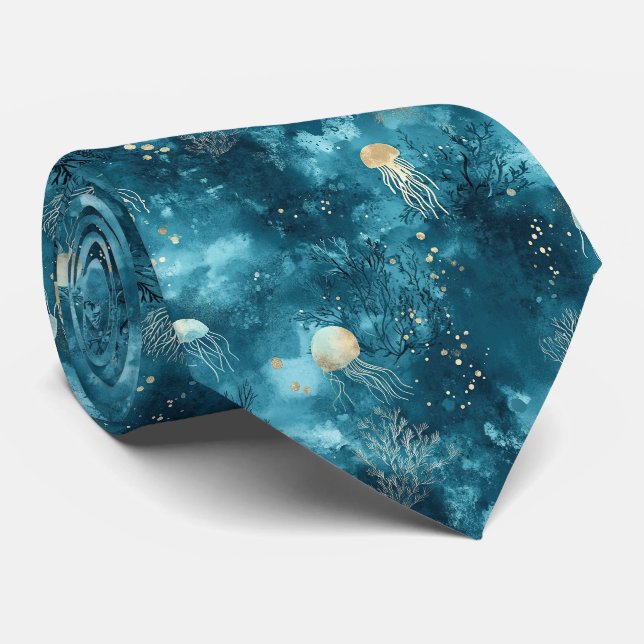 Luxury Blue Jellyfish Coral Ocean Pattern Tie (Rolled)