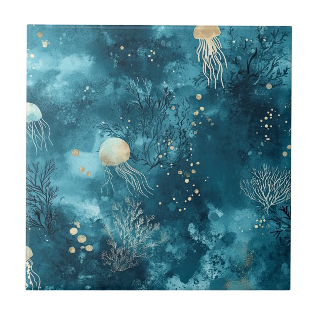 Luxury Blue Jellyfish Coral Ocean Pattern Tile (Front)