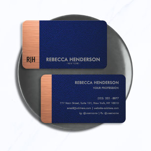 Luxury Blue Leather with Copper Accent Monogram  Business Card