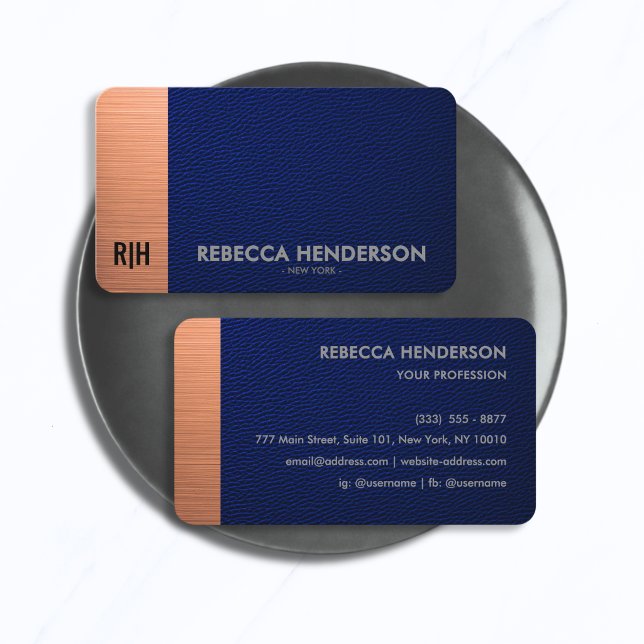 Luxury Blue Leather with Copper Accent Monogram  Business Card (Creator Uploaded)