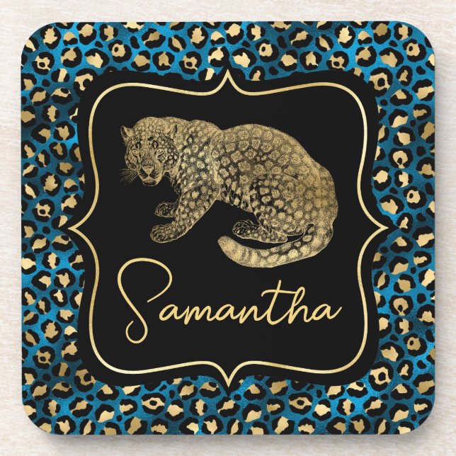 Luxury Blue Leopard Print Gold Animal Monogram Coaster (Front)