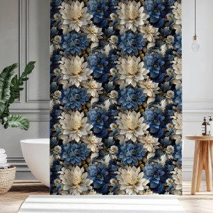 Luxury Blue White Ivory Floral Shower Curtain