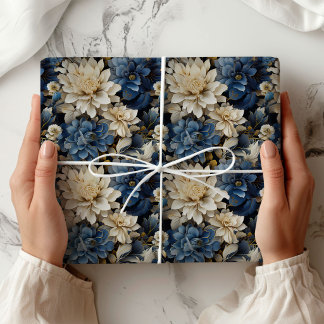 Luxury Blue White Ivory Floral Stylish Wrapping Paper