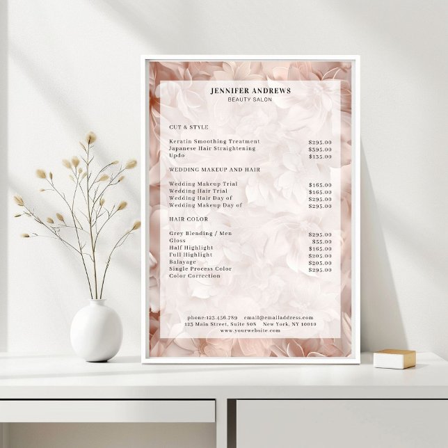Luxury, Blush-Beige, Flower, Salon Price List  Poster (Luxury, Blush-Beige, Flower, Salon Price List Poster)