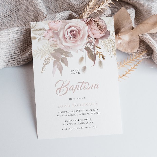Luxury Blush Flowers Elegant Baptism Invitation (Creator Uploaded)