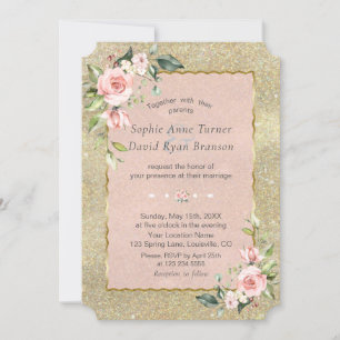 Luxury Blush Pink Flowers Gold Glitter Wedding Invitation