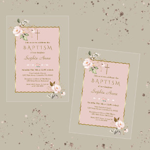 Luxury Blush Pink Gold Flowers Girl Baptism Acrylic Invitations