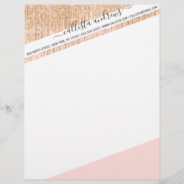 Luxury Blush Pink Gold Sparkly Glitter Fringe Custom Letterhead (Front)