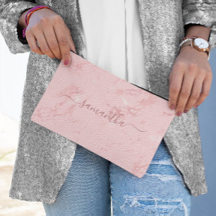 Luxury Blush Pink Marble Signature Name Accessory Pouch
