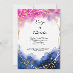 Luxury Blush Pink Navy Blue Watercolor Gold Frame Invitation