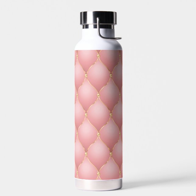 Luxury Blush Pink Rose Gold Diamond Tufted Pattern Water Bottle (Left)