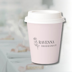 Luxury Blush Pink Rose Line Art Personalised Name Paper Cups