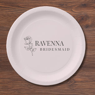 Luxury Blush Pink Rose Line Art Personalised Name  Paper Plate
