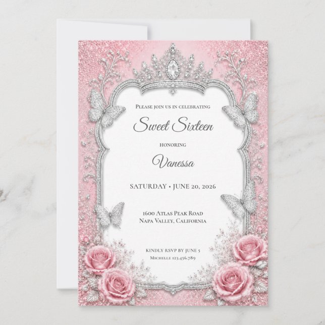 Luxury Blush Pink Silver Princess Sweet 16 Invitation (Front)