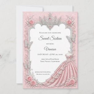 Luxury Blush Pink Silver Princess Sweet 16 Invitation
