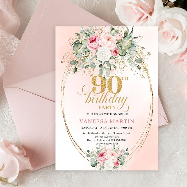 Luxury Blush Rose Gold Boho 90th Birthday Invite (Delicate Blush Floral Greenery Elegant 90th Birthday Invite)