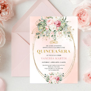 Luxury Blush Roses Greenery Gold Quinceañera Invit Invitation