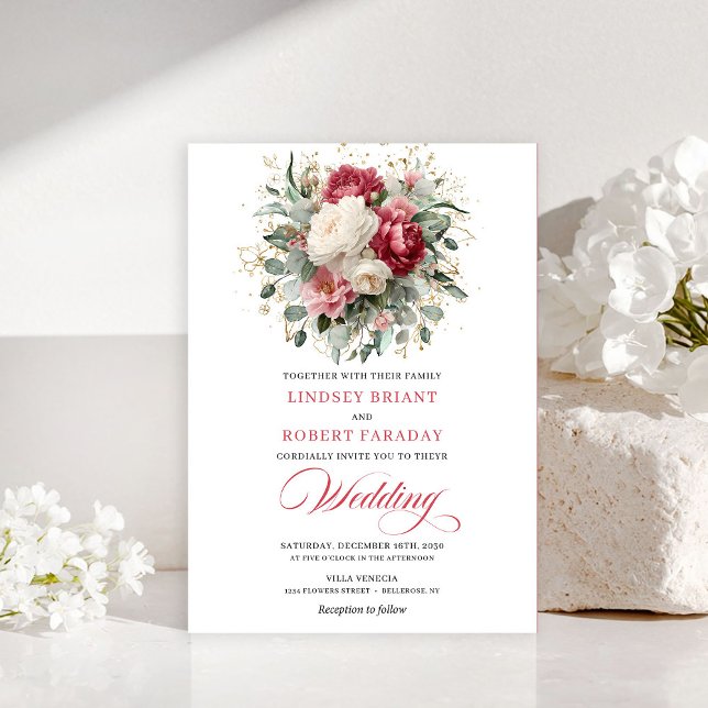 Luxury Bohemian Red White Greenery Wedding Invite (Luxury Bohemian Red White Greenery Wedding Invitation)